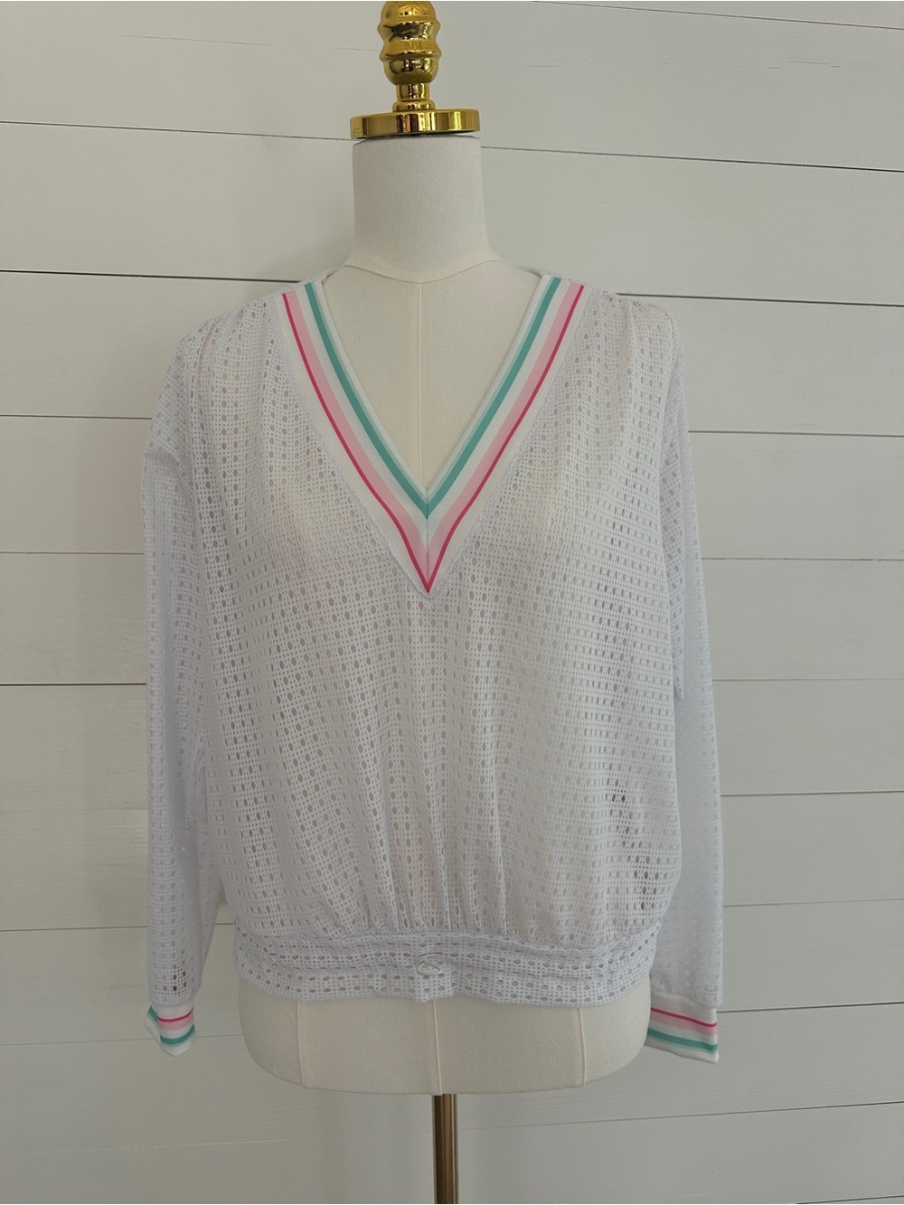 Lucky in Love Tennis White V-Neck Pullover with Pink & Green Stripe Trim